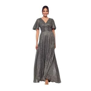 Betsy & Adam Metallic Flutter Sleeve Gown 8 Silver Black Formal Mother of Bride